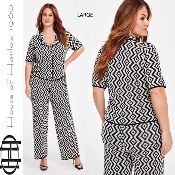 House of Harlow 1960 Black Cream Geometric Shortsleeve Knit Button Down Shirt - Picture 8 of 8